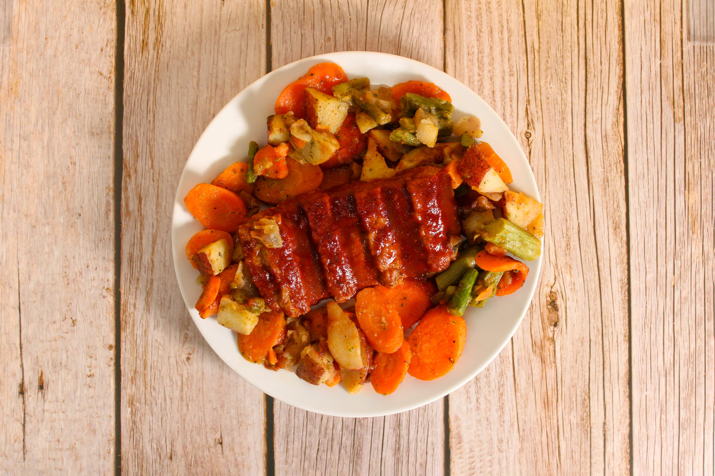 Boneless Grilled Ribs with Roasted Vegetables