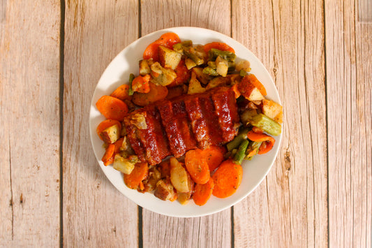 Boneless Grilled Ribs with Roasted Vegetables